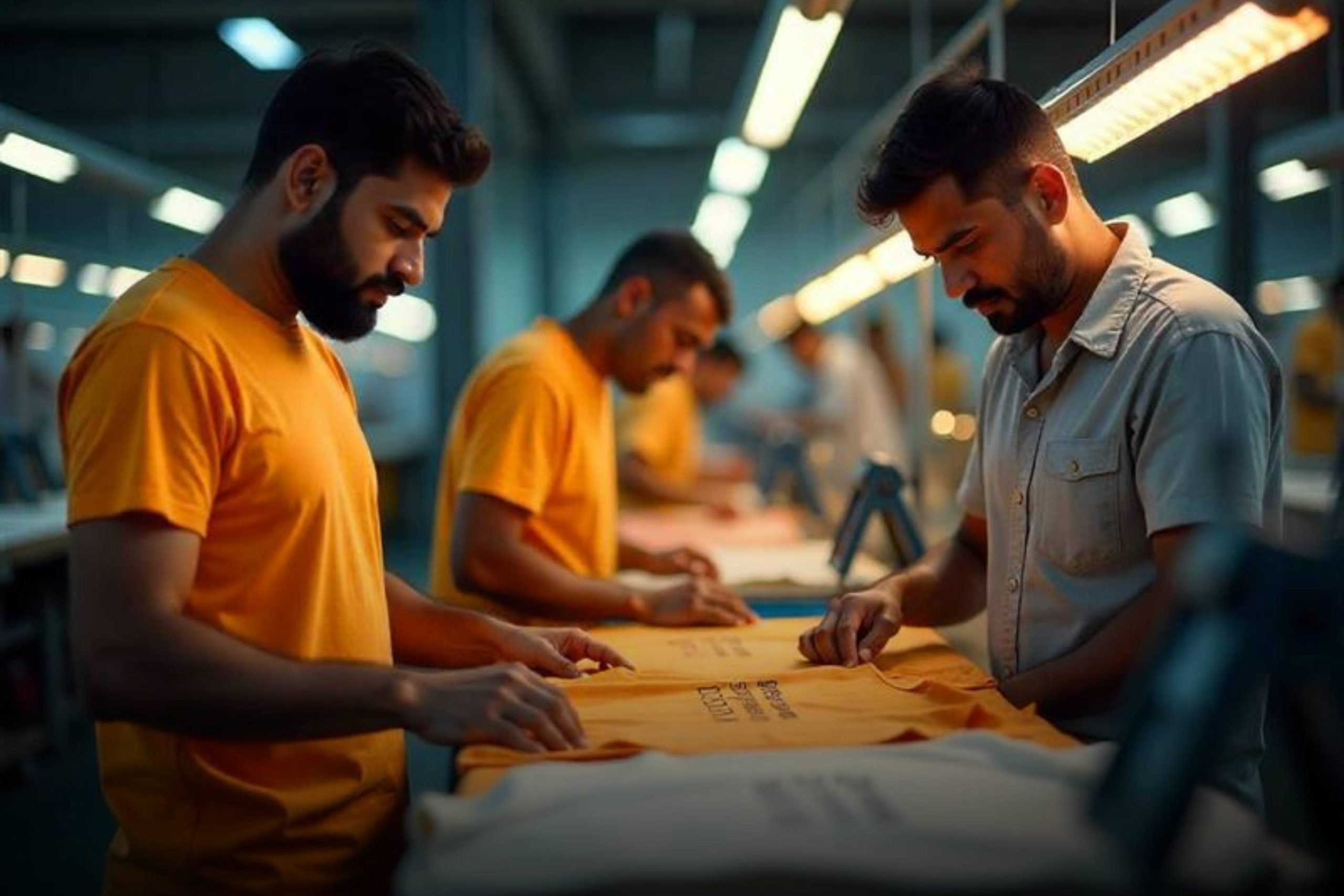 Workers checking printed t-shirts in a factory.