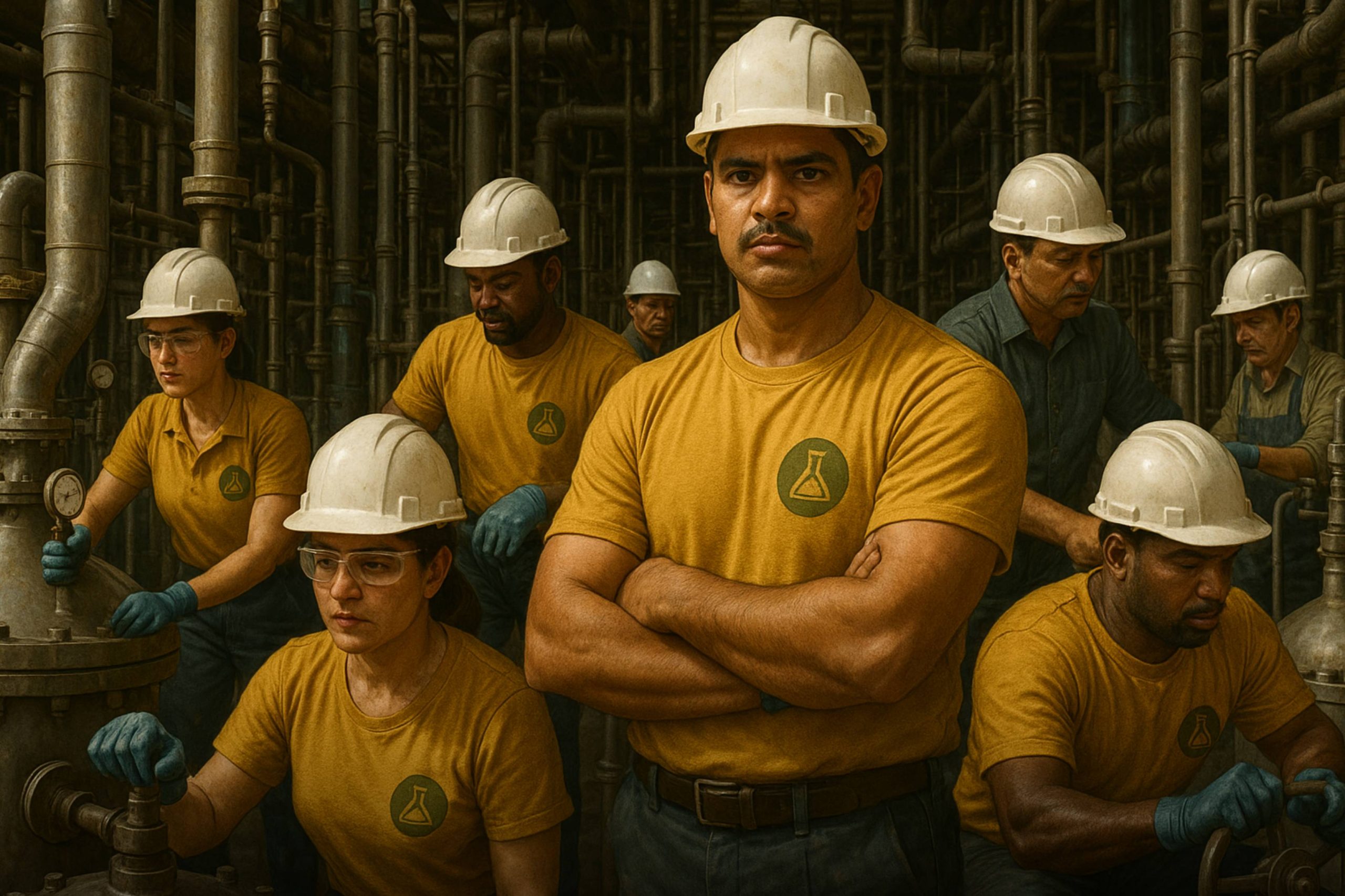 Team of factory workers in yellow uniforms and hard hats at an industrial plant.