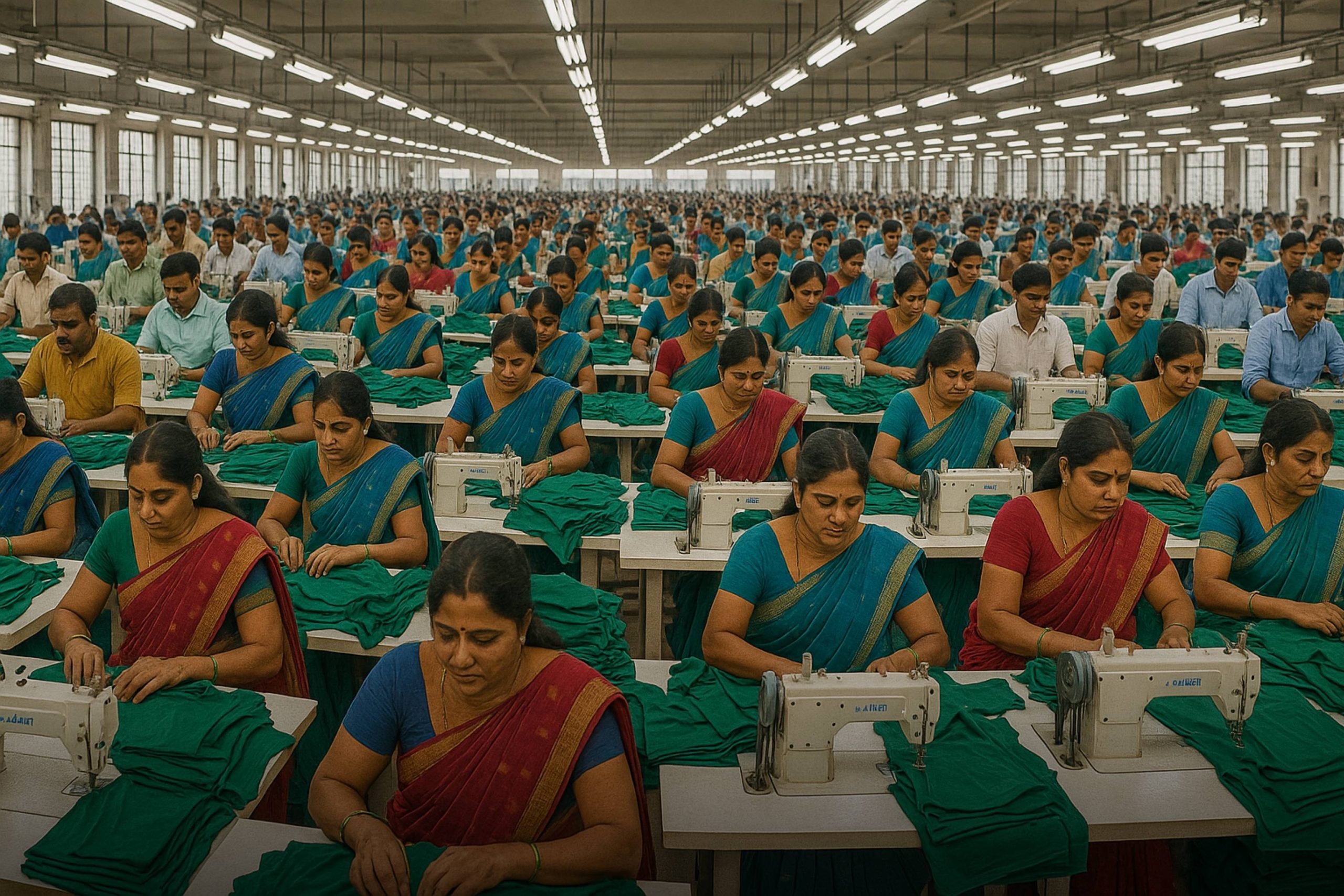 Women sewing green garments in a large textile factory.