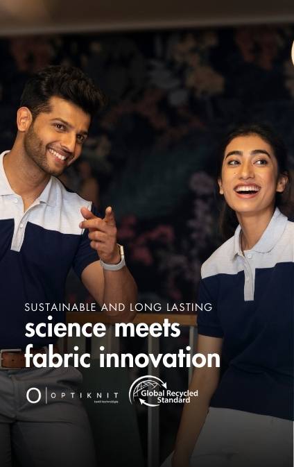 Man and woman wearing sustainable dual-tone polo shirts